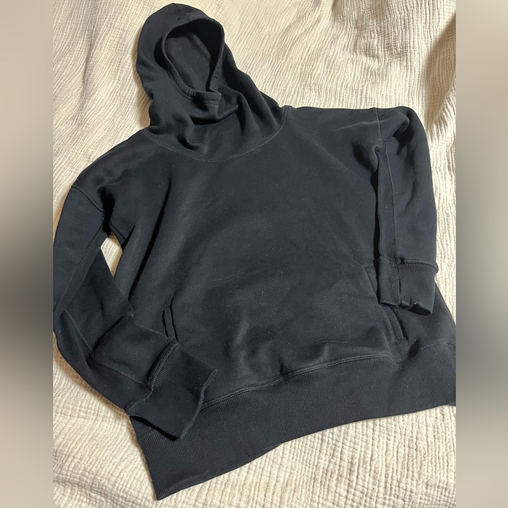 Zyia, Black hoodie, cowl neck hood, thumb holes, front pockets